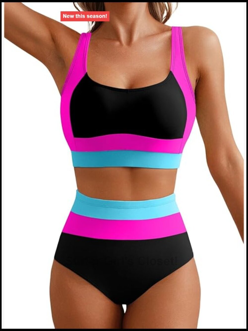 High Waisted Bikini Sets Colorblock Sporty Swimsuits Wide Straps Bathing Suit